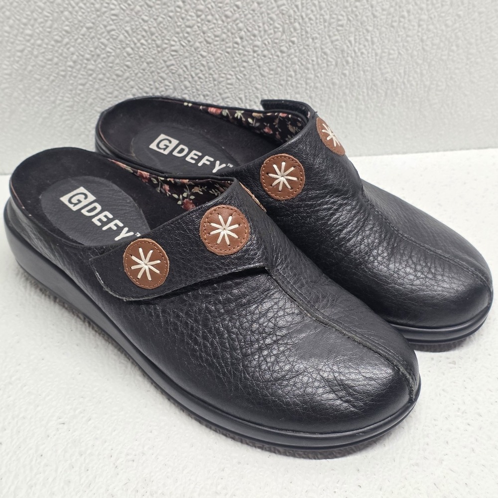 G-Defy Black Pebbled Leather Brown Accents Mule Slip On Clog Shoes Size 7
